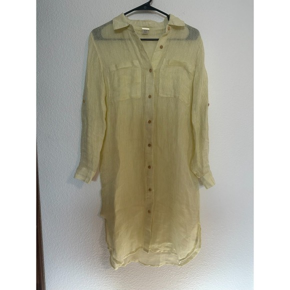 Magaschoni Tops - Magaschoni Yellow 100% Linen Open Knit Duster Tunic XS Coastal Beach Resort Boho